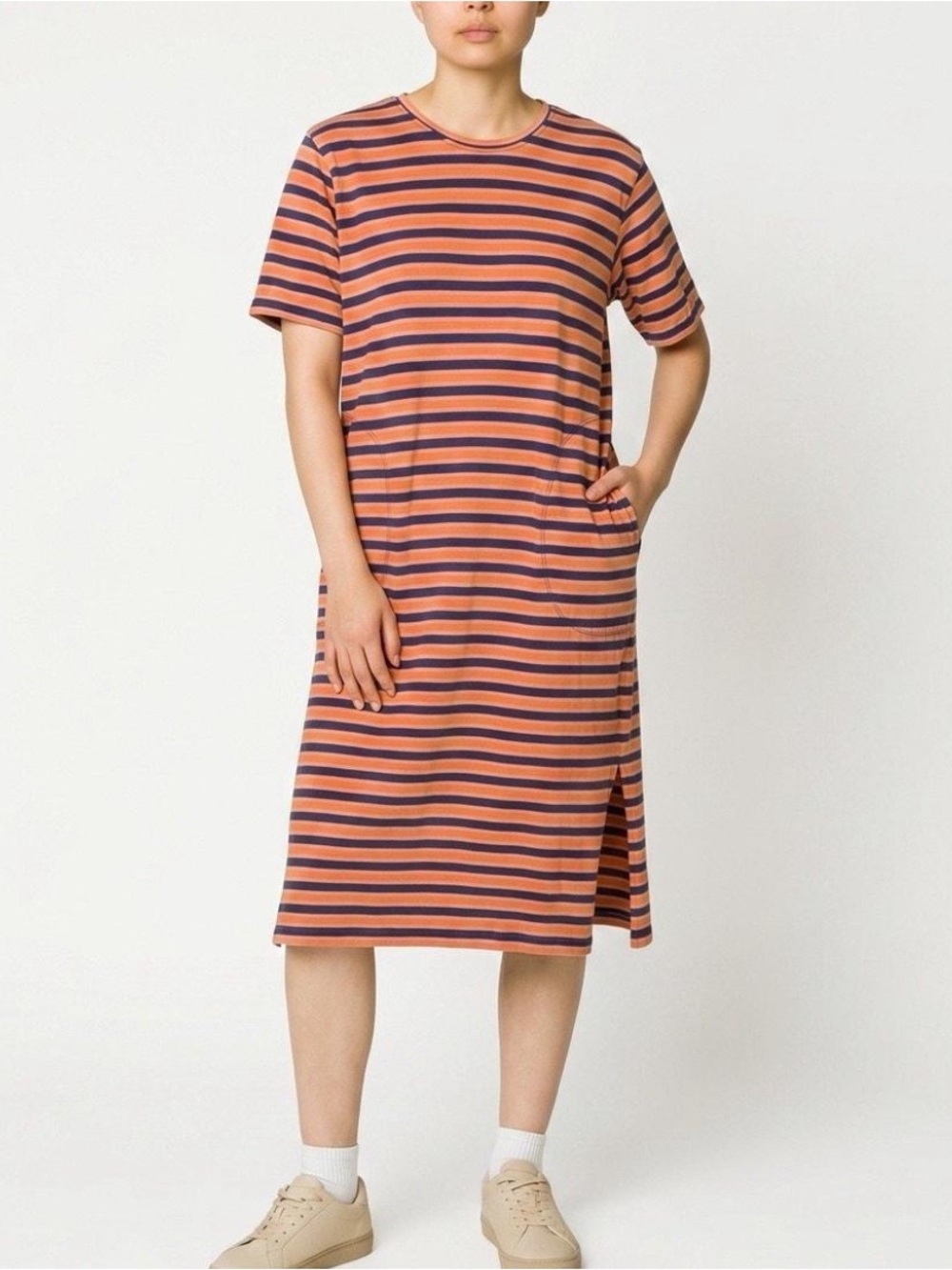 Pact Organic Cotton Avery T-Shirt Dress Small Harvest Stripe Midi Pocket